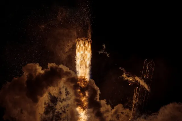 Isar Aerospace’s Spectrum rocket lifting off its pad on Andøya in fire and smoke